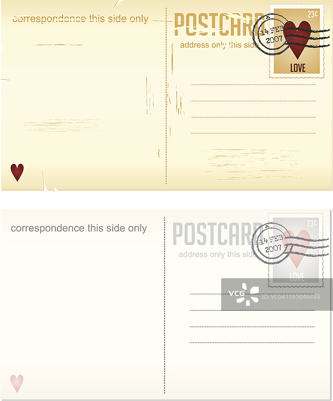 设计元素系列 - 带有爱心邮票的情人节明信片图片素材