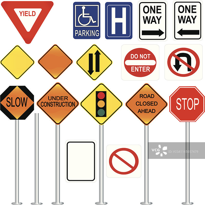 十七种不同交通控制标志合集图片素材