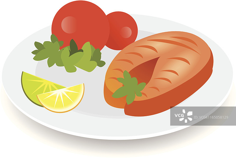 白色背景上的烤鲑鱼菜肴插画图片素材