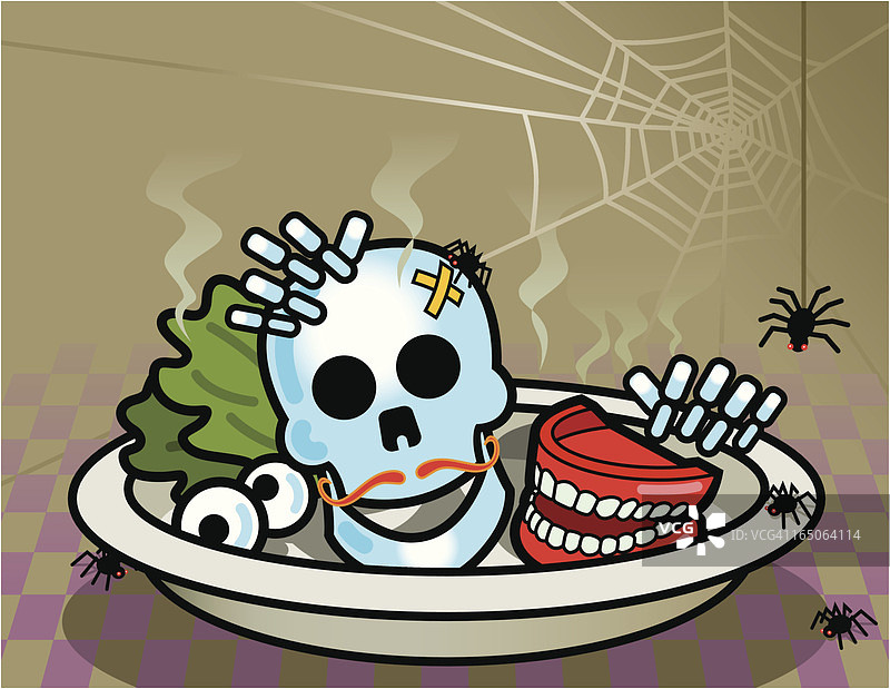 卡通骷髅、假牙放在盘子里，万圣节主题矢量图图片素材