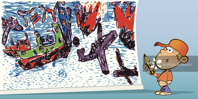 孩子看着一面画满彩色图画的墙图片素材