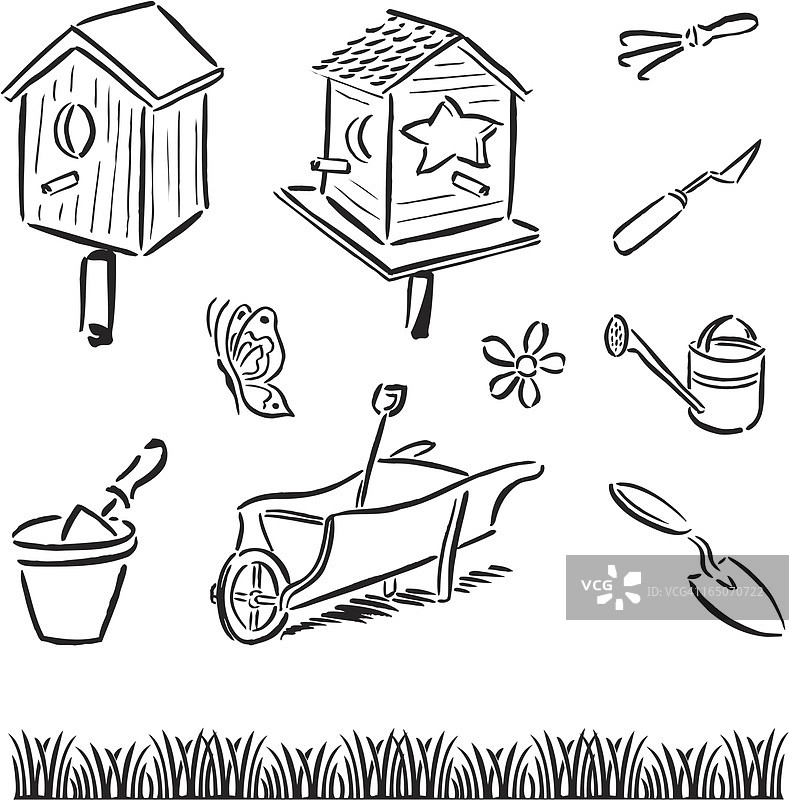 园艺工具和鸟舍图片素材