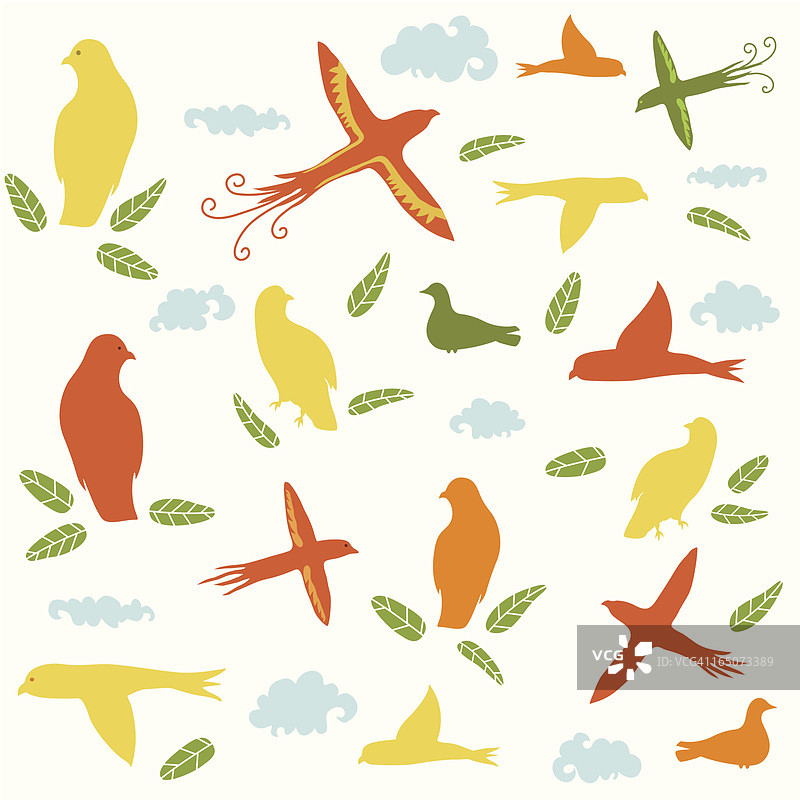 鸟类、云朵与树叶图片素材