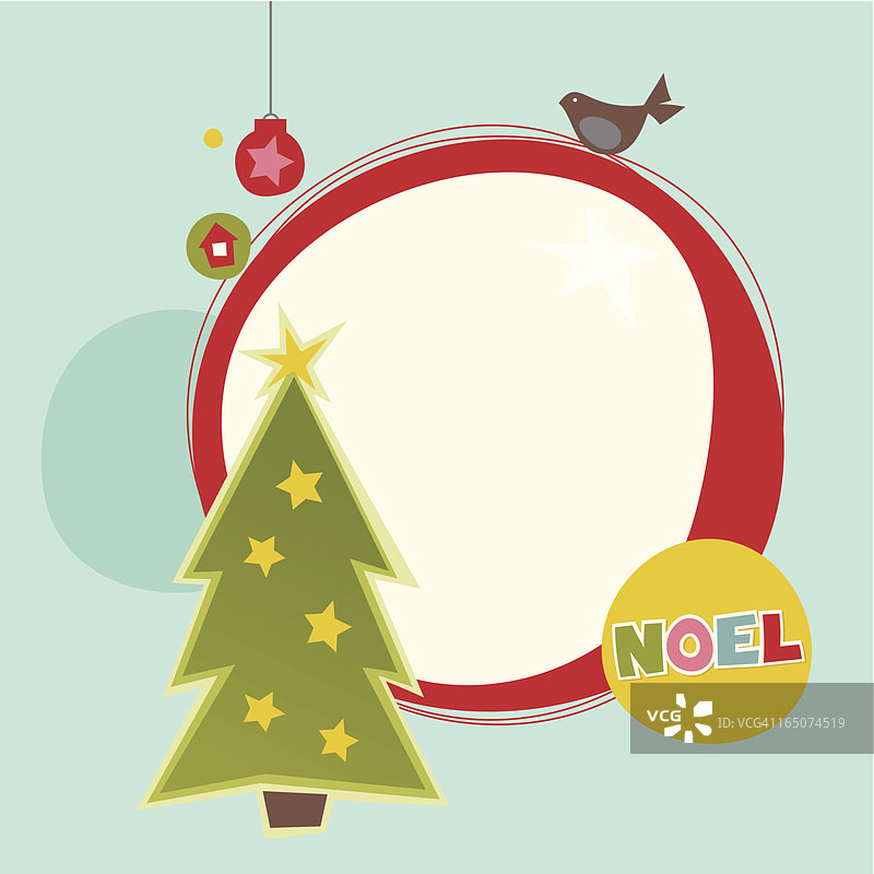 带树、鸟和球的圣诞相框图片素材