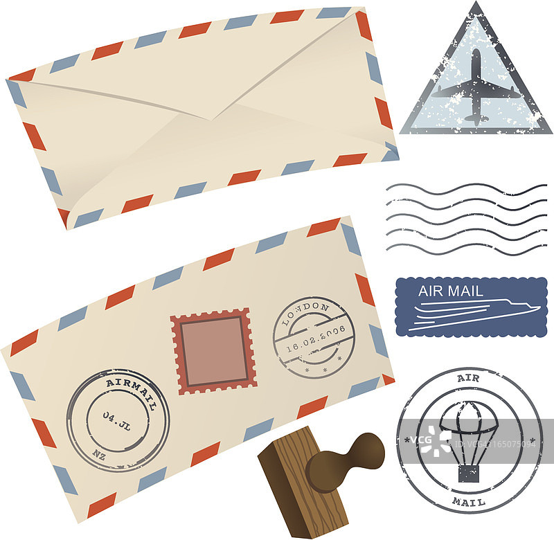 航空邮件信封、邮票和橡皮图章图片素材