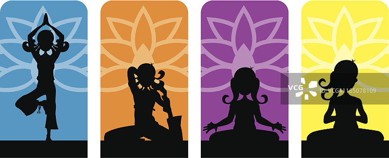 四个做瑜伽的女孩的剪影图片素材