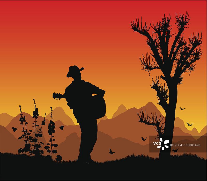 日落时的乡村吉他手图片素材