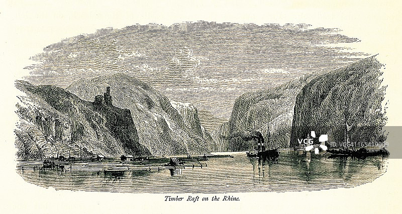 德国莱茵河上的木筏：欧洲古董插画图片素材