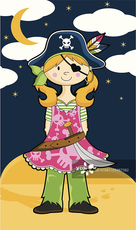 月光下的可爱海盗女孩图片素材