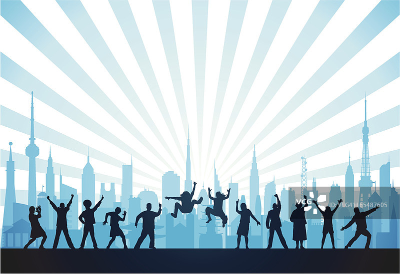 蓝色城市里的快乐人群图片素材