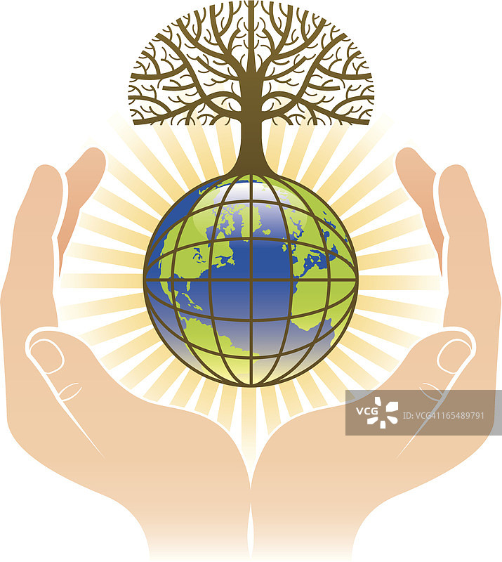 树、地球和手图片素材