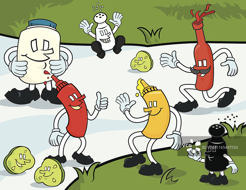 野餐布上的调味品，插画图片素材