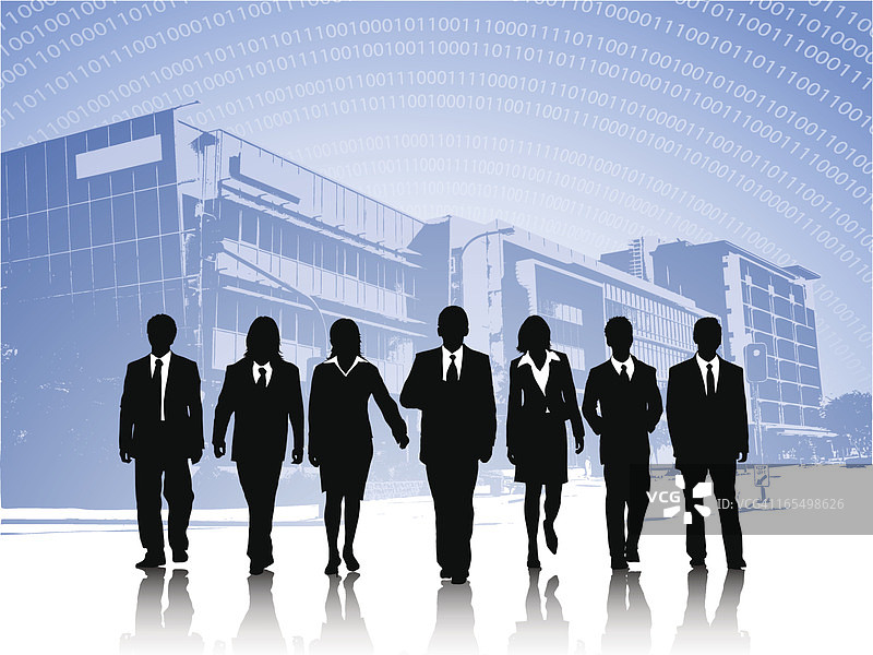 蓝色城市背景上的商务团队剪影图片素材