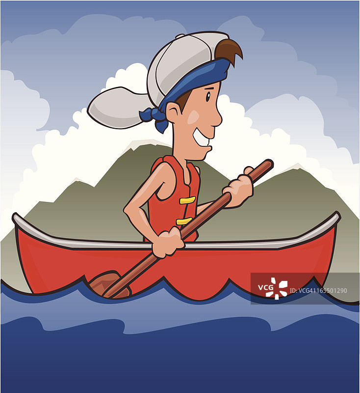 男孩在湖上划独木舟图片素材