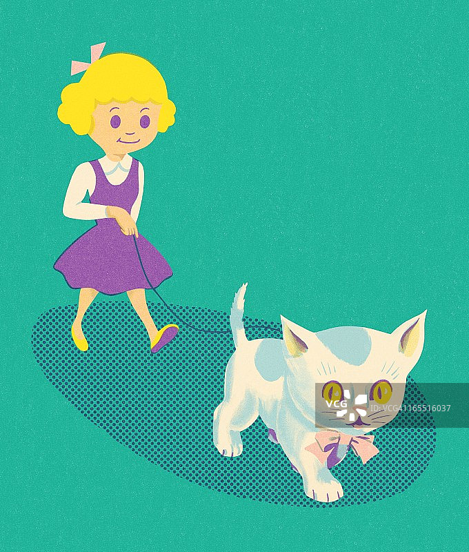 女孩遛小猫图片素材