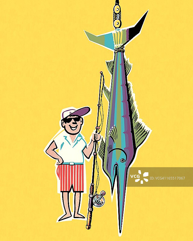 拿旗鱼的男人图片素材