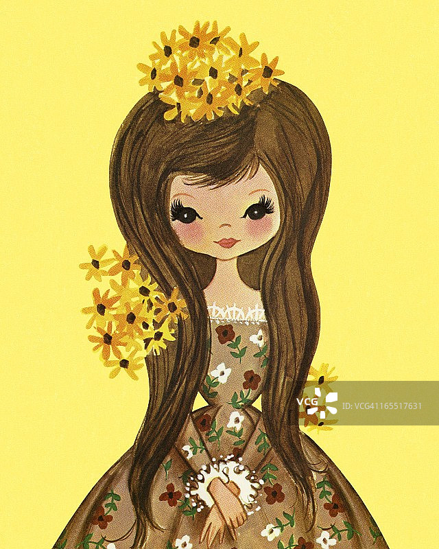 穿着棕色碎花连衣裙的女孩图片素材