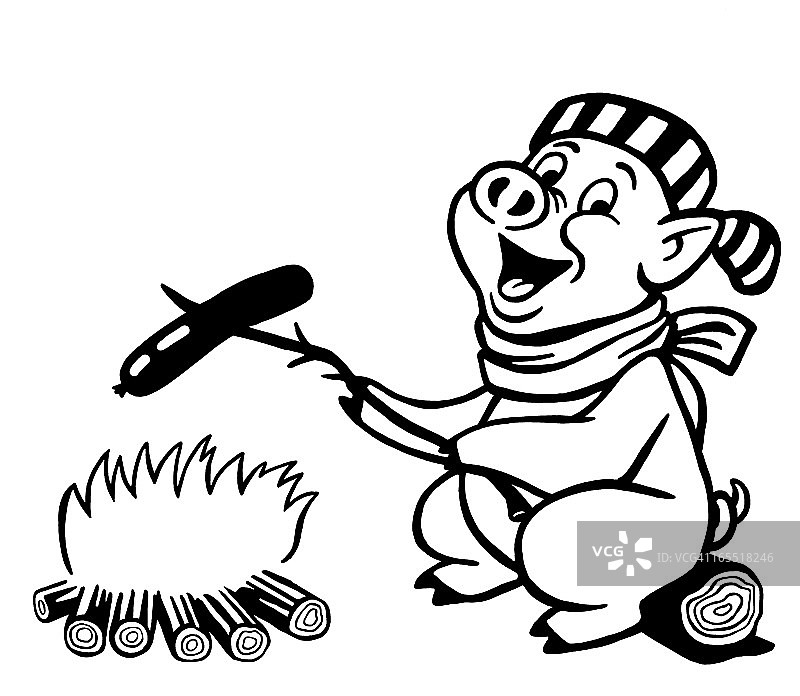 猪在篝火上烤热狗图片素材