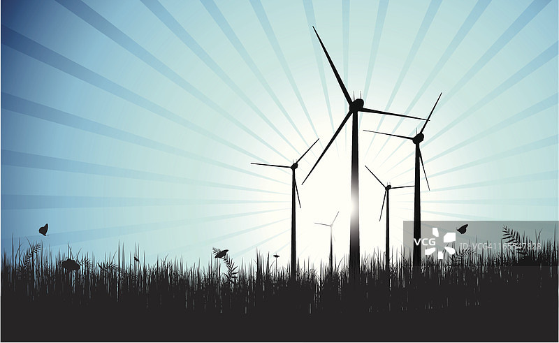 蓝色光芒风力发电场图片素材