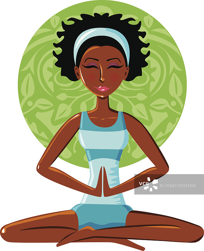黑人妇女绿色圆圈冥想卡通图片素材