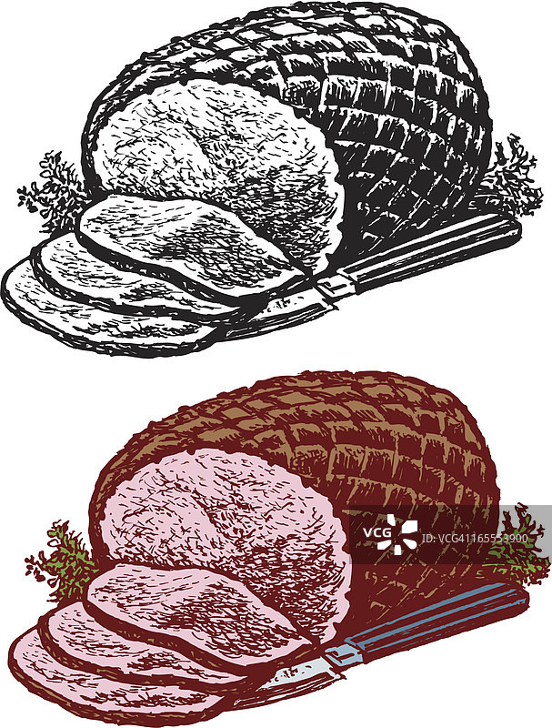 节日火腿与刀具切片图片素材