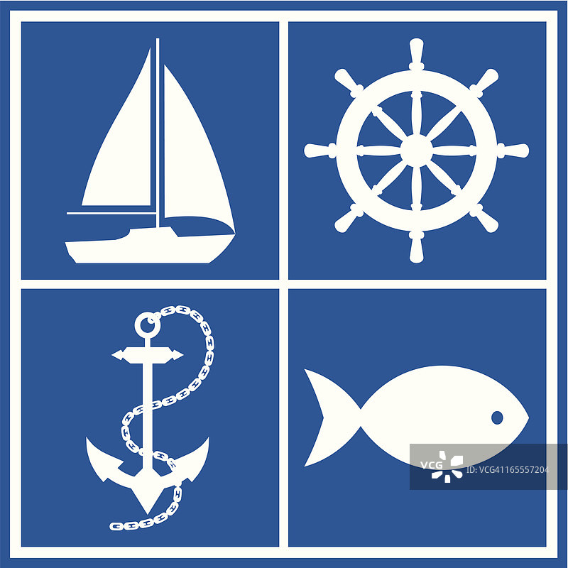 蓝色背景上的四个白色海洋符号图片素材