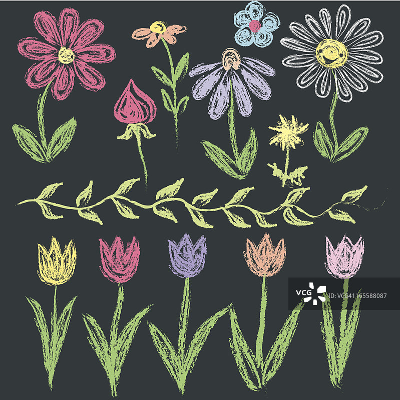 黑板涂鸦的各种颜色花朵图片素材