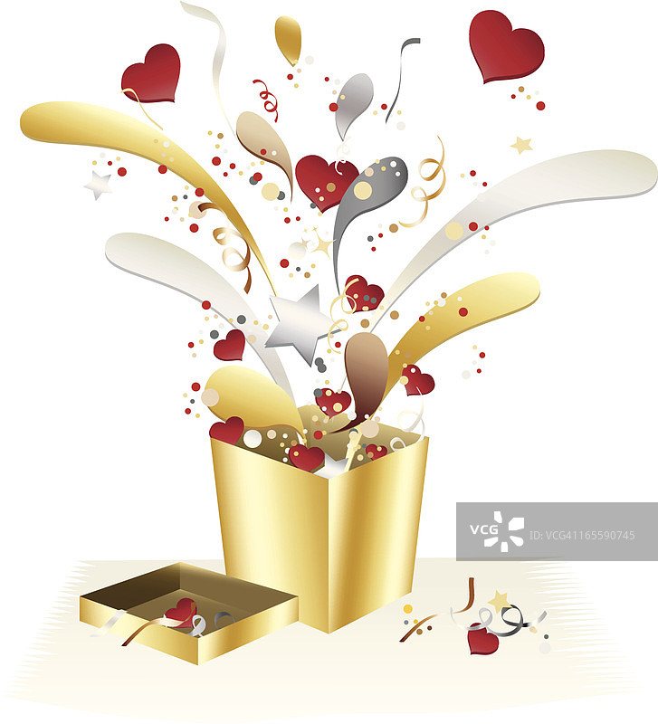 心形和金属金色礼品盒与纸屑庆祝设计图片素材