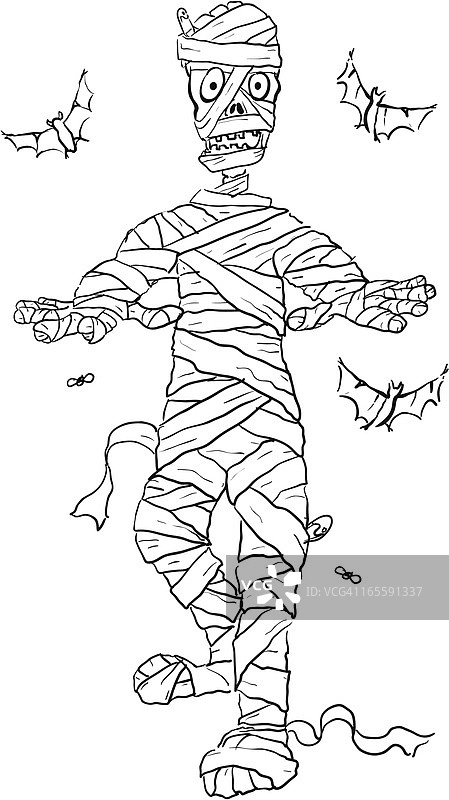 线条卡通木乃伊和蝙蝠 - 万圣节图片素材