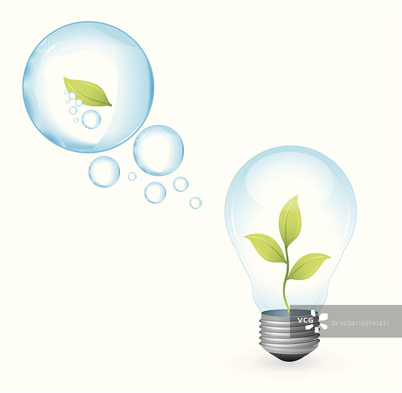 里面有绿色植物和氧气泡的灯泡图片素材