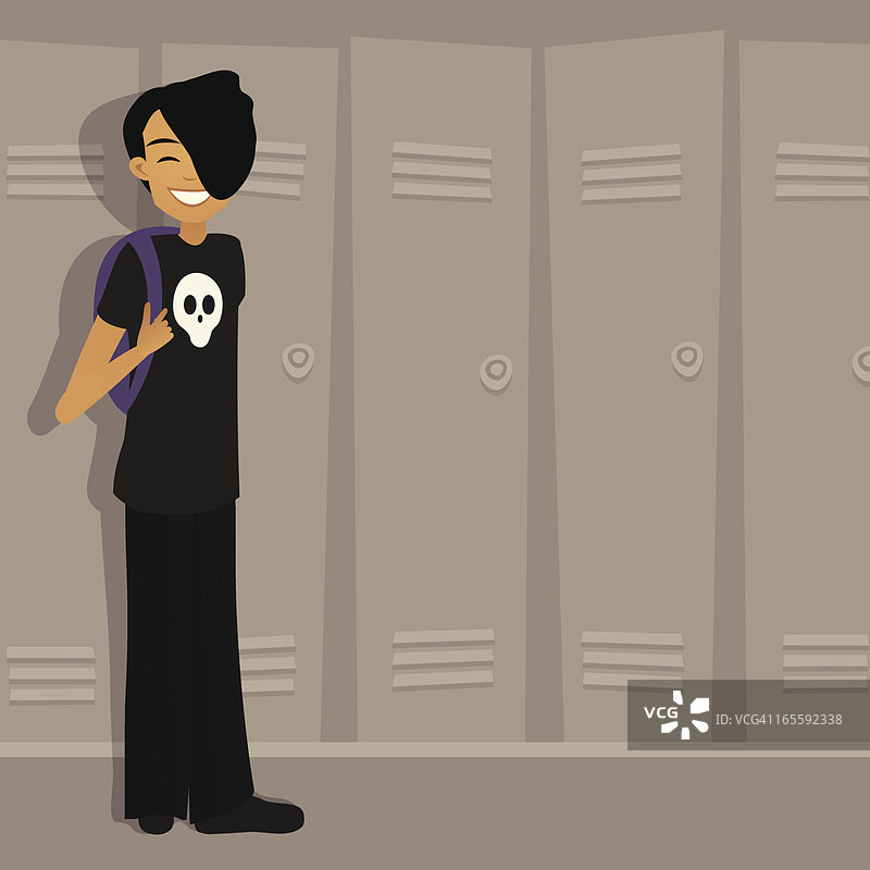 学校储物柜旁的男孩，穿着骷髅头衬衫图片素材