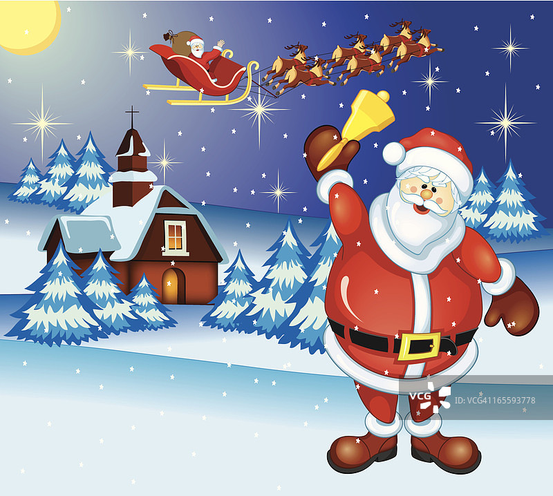 圣诞老人雪夜乘雪橇摇铃图片素材