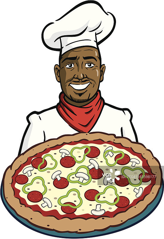 拿着披萨的非裔美国厨师图片素材