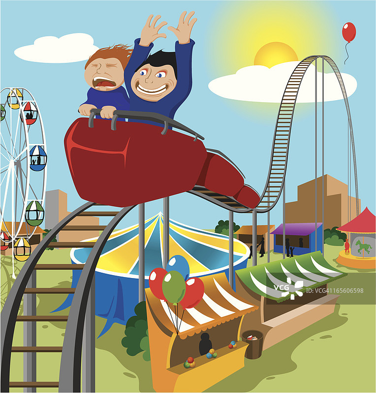 乘坐过山车的两个孩子图片素材