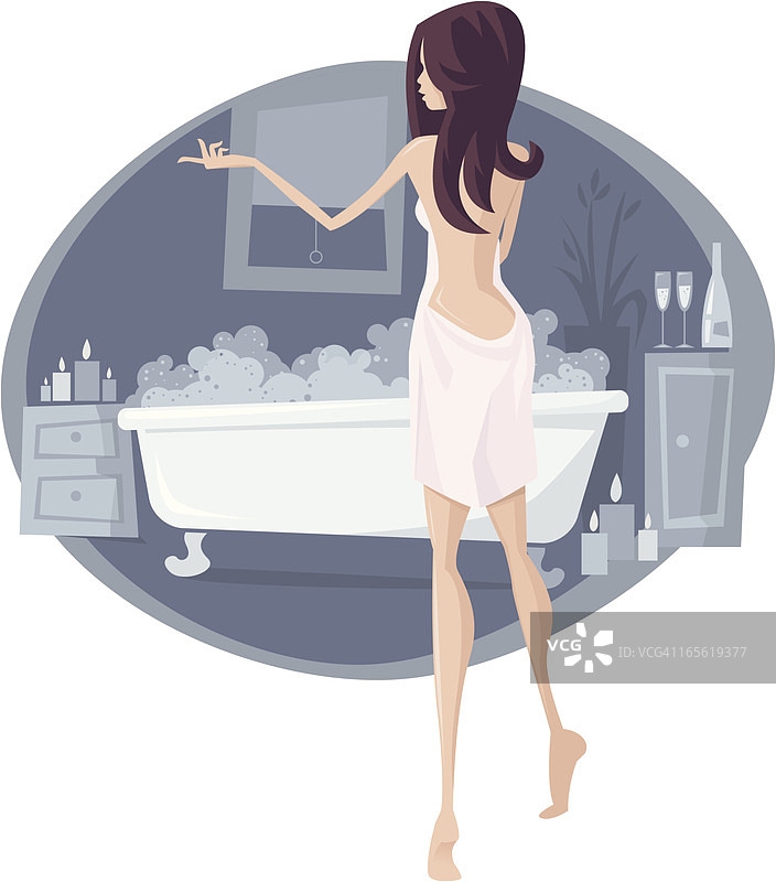 卡通女人裹着毛巾泡泡浴图片素材