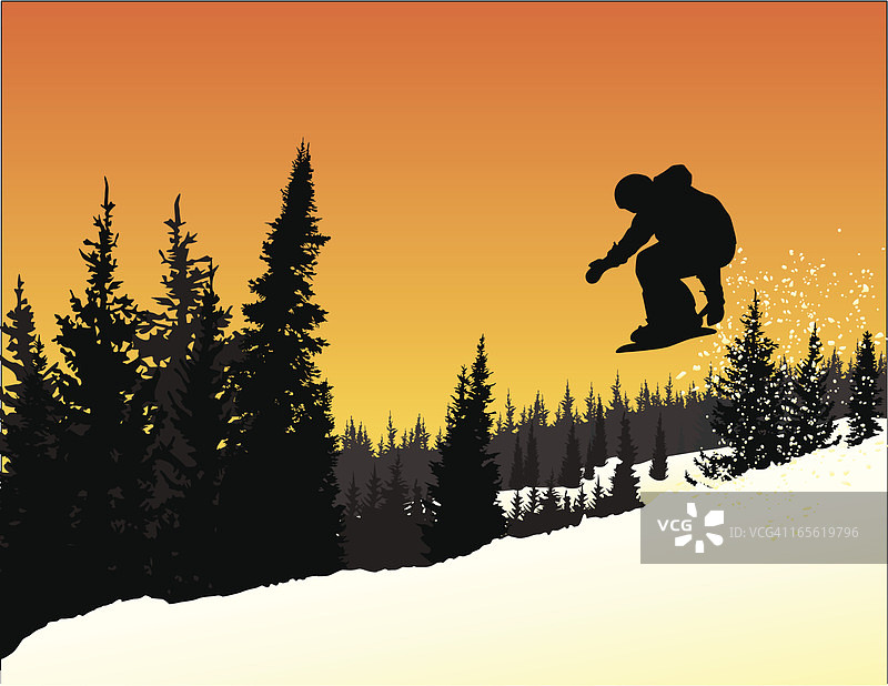 滑雪者在日落时分跳跃的矢量轮廓图片素材