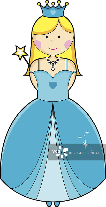 可爱的金发公主，头戴皇冠身穿舞会礼服，手持魔杖图片素材