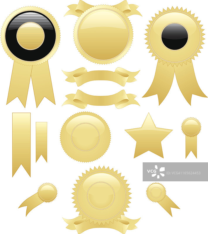 金色圆形封印贴纸套装，含可选丝带图片素材