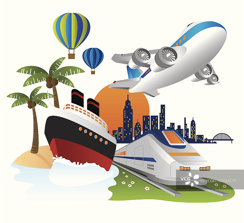 卡通旅行海报，多种交通工具图片素材