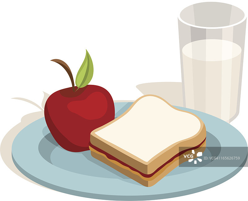 午餐：花生酱果冻三明治、苹果和牛奶图片素材