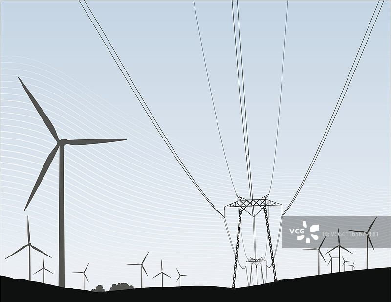风力涡轮机和电力线图片素材
