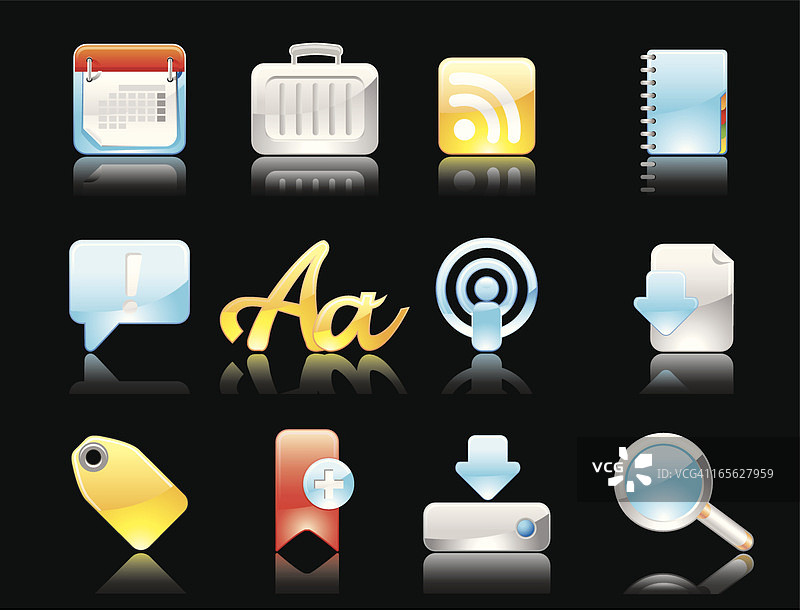 黑色背景上的光滑图标（带倒影）图片素材