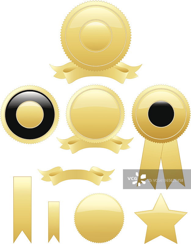 金色圆形封印贴纸套装，含可选丝带图片素材