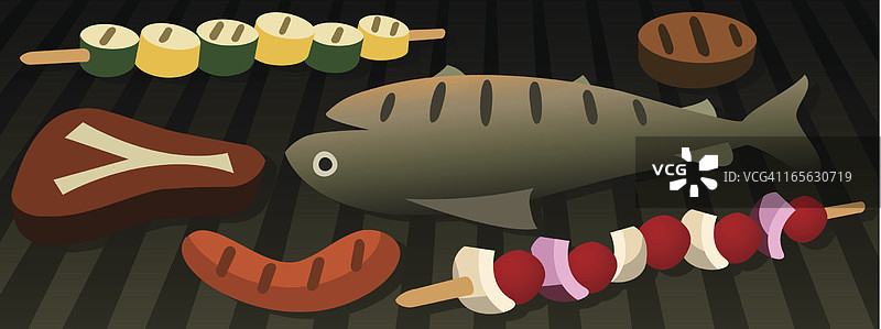 烤制美食：汉堡、鱼、牛排、热狗、蔬菜图片素材