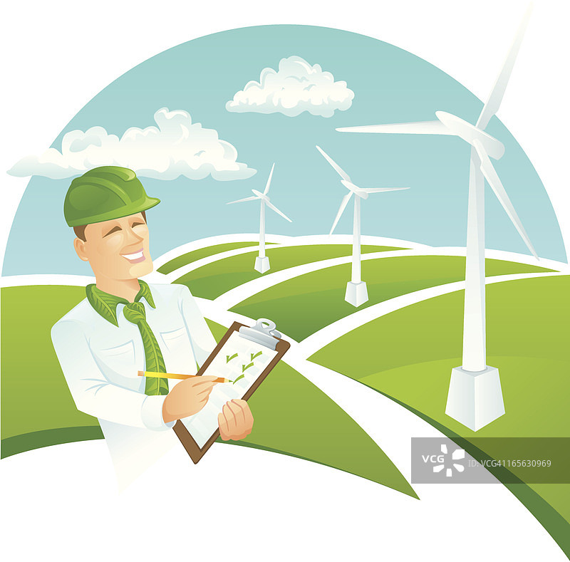 绿色领工人风力涡轮机图片素材