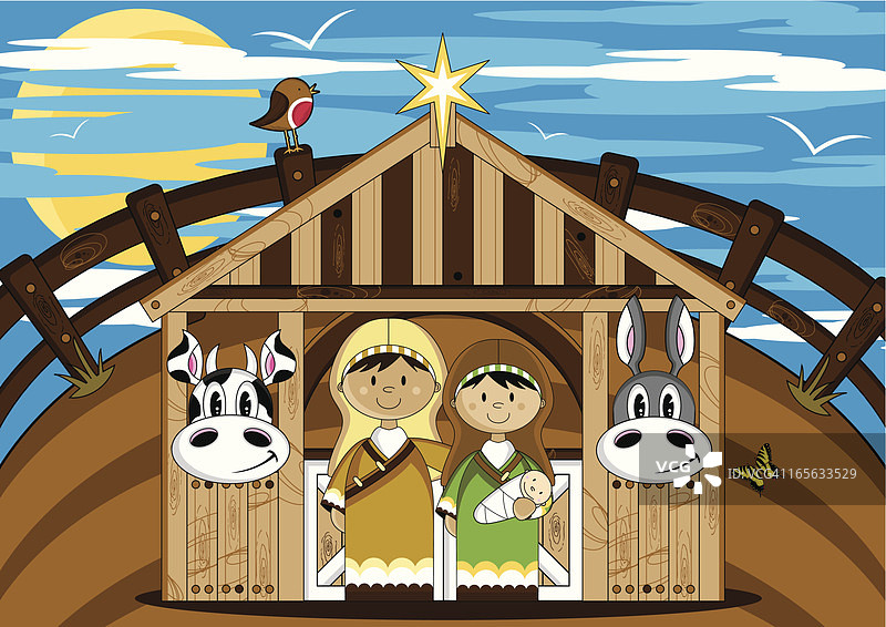 玛丽和约瑟夫在耶稣诞生棚与小耶稣图片素材