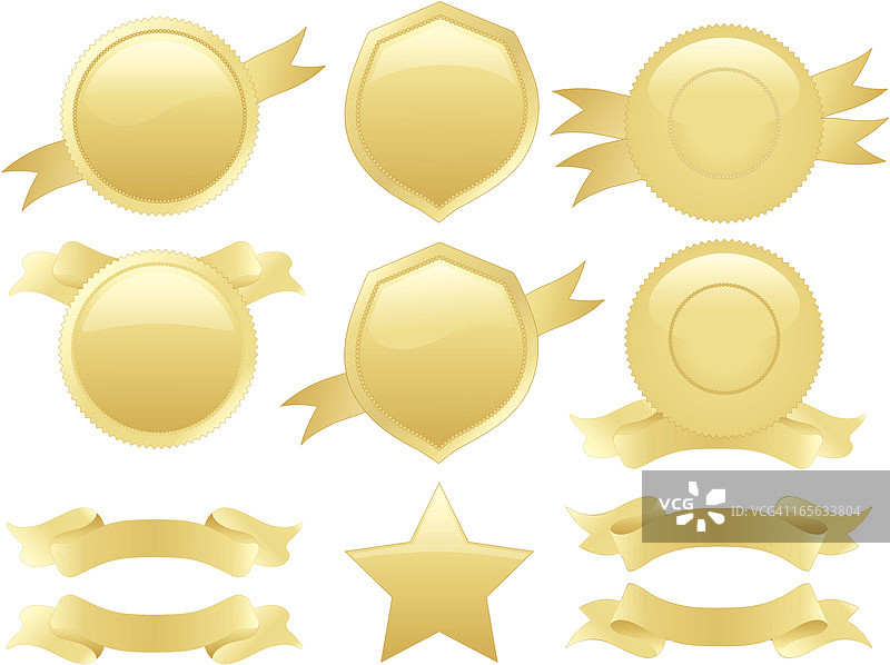 金色圆形印章、勋章、盾牌及可选丝带套装图片素材