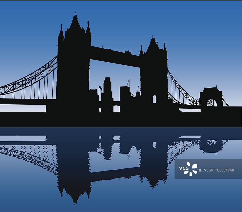 蓝色背景上的伦敦塔桥黑色剪影图片素材