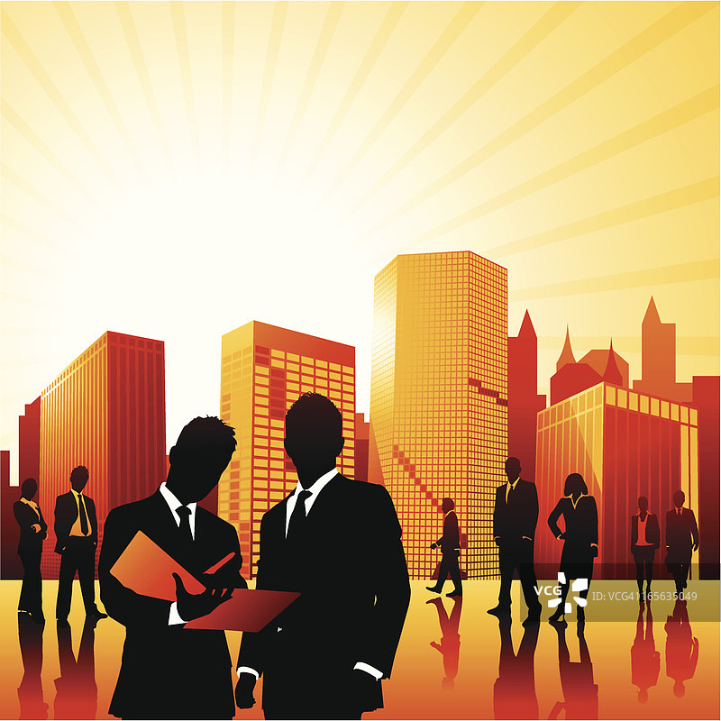 橙色城市背景下的剪影商务人士矢量图图片素材