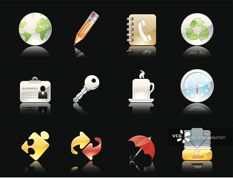 黑色背景上的光滑图标（带倒影）图片素材